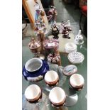 CERAMIC FIGURINES, POT LID, EGG CUPS AND OTHER DECORATIVE CHINA