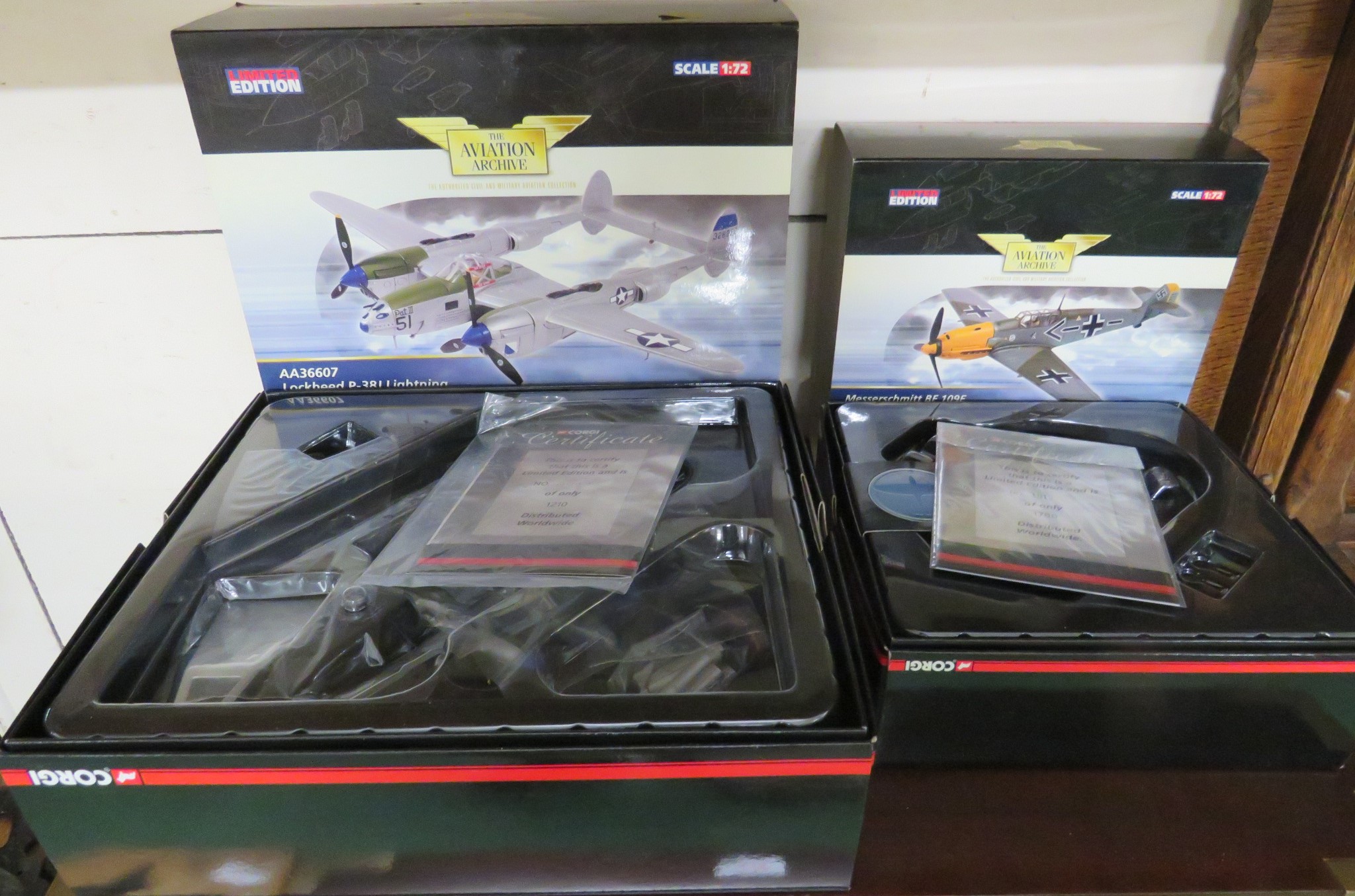 TWO BOXED CORGI 'THE AVIATION ARCHIVE' LIMITED EDITION 1:72 SCALE MODELS - AA36607 LOCKHEAD P-38J