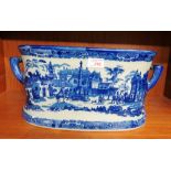 LARGE BLUE AND WHITE PATTERNED IRONSTONE REPRODUCTION TWO HANDLED FOOT BATH