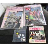 VINTAGE 1960'S LIFE AND QUEEN MAGAZINES, TV 21 EP RECORD AND SELECTION OF PIN BADGES
