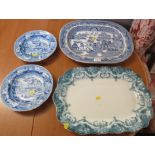 WILLOW PATTERN CHARGER, WEDGWOOD CHARGER AND TWO CHINA BOWLS
