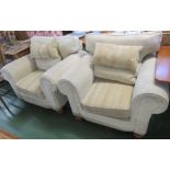 PAIR OF BEIGE UPHOLSTERED G-PLAN ARMCHAIRS WITH BOLSTER CUSHIONS