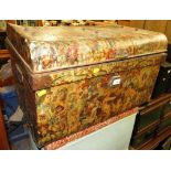 VINTAGE METAL TRUNK WITH APPLIED COLLAGE OF MAGAZINE CUT OUTS