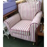 CONTEMPORARY ARMCHAIR IN BEIGE AND PURPLE STRIPED UPHOLSTERY
