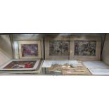 SHELF OF MOUNTED AND LOOSE PRINTS, SKETCHES, ETC