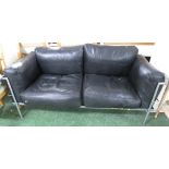 LE CORBUSIER STYLE CHROME FRAMED TWO SEATER SOFA WITH BLACK LEATHER CUSHIONS