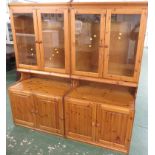 HONEY PINE LOUNGE SUITE COMPRISING TWO GLAZED CABINETS AND CORNER UNIT