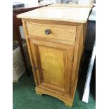 PAIR OF STRIPPED PINE BEDSIDE CABINETS, EACH WITH SINGLE DRAWER OVER SINGLE CUPBOARD DOORS AND METAL