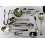 SELECTION OF HALLMARKED SILVER TEASPOONS, SILVER TEA STRAINER AND PLATED SUGAR NIPS