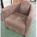 SMALL CONTEMPORARY SHAPED TUB ARMCHAIR IN LIGHT TAN SUEDE UPHOLSTERY