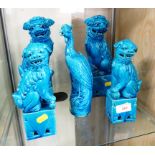 TWO PAIRS OF BLUE GLAZED CERAMIC DOGS OF FU AND SIMILAR ORNAMENT OF CRANE