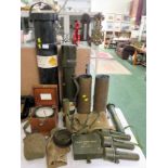 SELECTION OF MILITARIA INCLUDING 'SMITHS RELAY PUMPING INDICATOR', BRASS SHELL CASES, PLASTIC