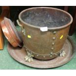 EMBOSSED COPPER POT ON PAW FEET, BED WARMING PAN AND ENGRAVED PLATTER