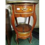 ITALIAN STYLE ORNATE CIRCULAR WOOD VENEERED TWO TIER OCCASIONAL TABLE WITH DRAWERS AND COMPARTMENTS