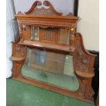 LARGE MID WOOD OVERMANTLE / DRESSER BACK MIRROR WITH CARVED DETAIL