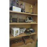 FOUR SHELVES OF VINTAGE ITEMS INCLUDING SNCF RAILWAY LAMP, BAROGRAPH, BELL, BRASS FIRE EXTINGUISHER,