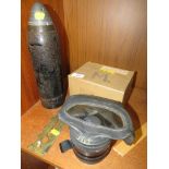 CAST METAL ARTILLERY SHELL PROJECTILE, GAS MASK WITH BOX AND BRASS BUTTON POLISHER