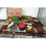 SHELF OF VINTAGE WOODEN PUZZLES, 'SPELLICANS' GAME, 'EMPROTE' BISCUITS DIGESTIVE BOX AND RECORDERS