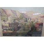 FRAMED AND MOUNTED WATERCOLOUR OF MOSTAR BRIDGE INITIALLED IM 56 LOWER LEFT