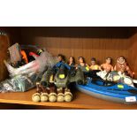 SHELF OF ACTION MAN FIGURES AND ACCESSORIES INCLUDING DOG, KAYAK AND JET PACK