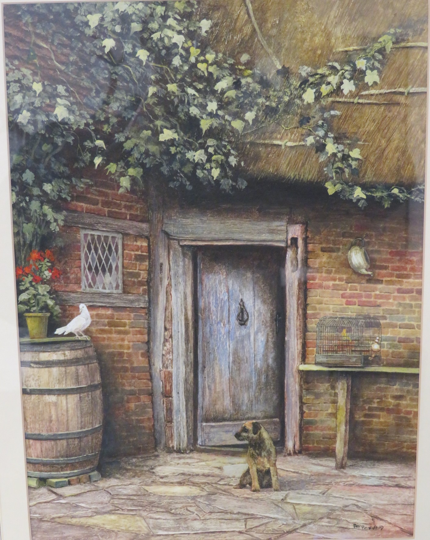 Two David Pritchard gouache and watercolours - cottage doorway with dove and dog (37cm x 27cm), - Image 2 of 5