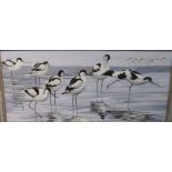 Richard Woodgate, acrylic on canvas of avocets signed lower right, 23.5cm x 54cm, in a blue