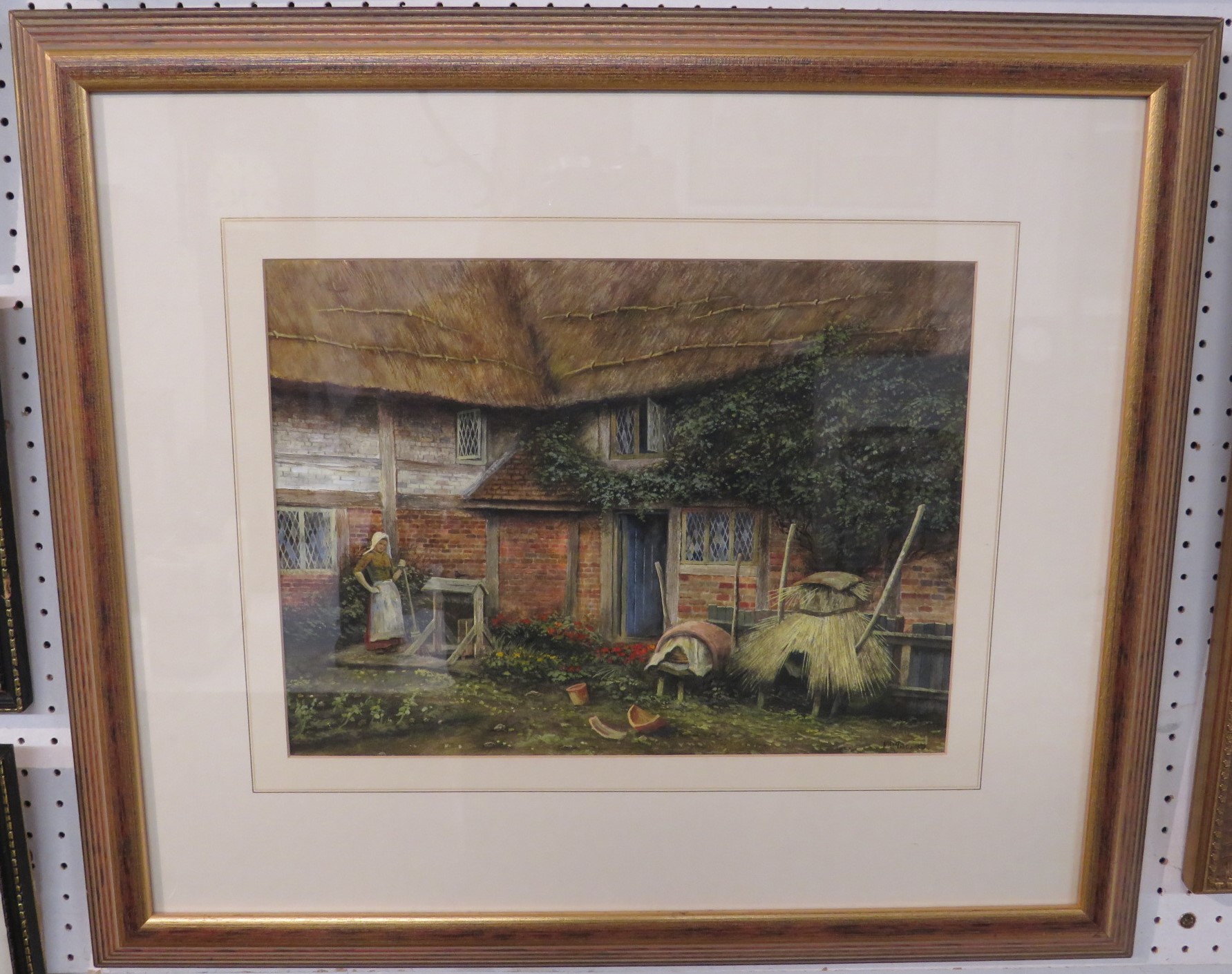 Two David Pritchard gouache and watercolours - cottage doorway with dove and dog (37cm x 27cm), - Image 5 of 5