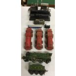 Hornby O gauge tinplate Flying Scotsman with tender, three wooden Nicoltoys push along trains, and
