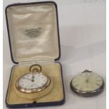 A Waltham gold plated open face pocket watch in a blue box together with a silver key winding pocket