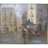 Continental street market, oil on board, no signature, (29cm x 34cm), in a gilt frame