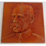 J C Edwards Ruabon treacle glazed portrait tile, 15.5cm square