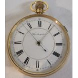 18-carat gold open face crown winding pocket watch, the white enamel dial with Roman chapter and