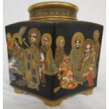 A large Satsuma type pottery jar and lid, black ground, the body enamelled and gilded with thirty-