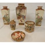 Six items of Japanese Satsuma type pottery - an urn shape vase of square section, the cream body