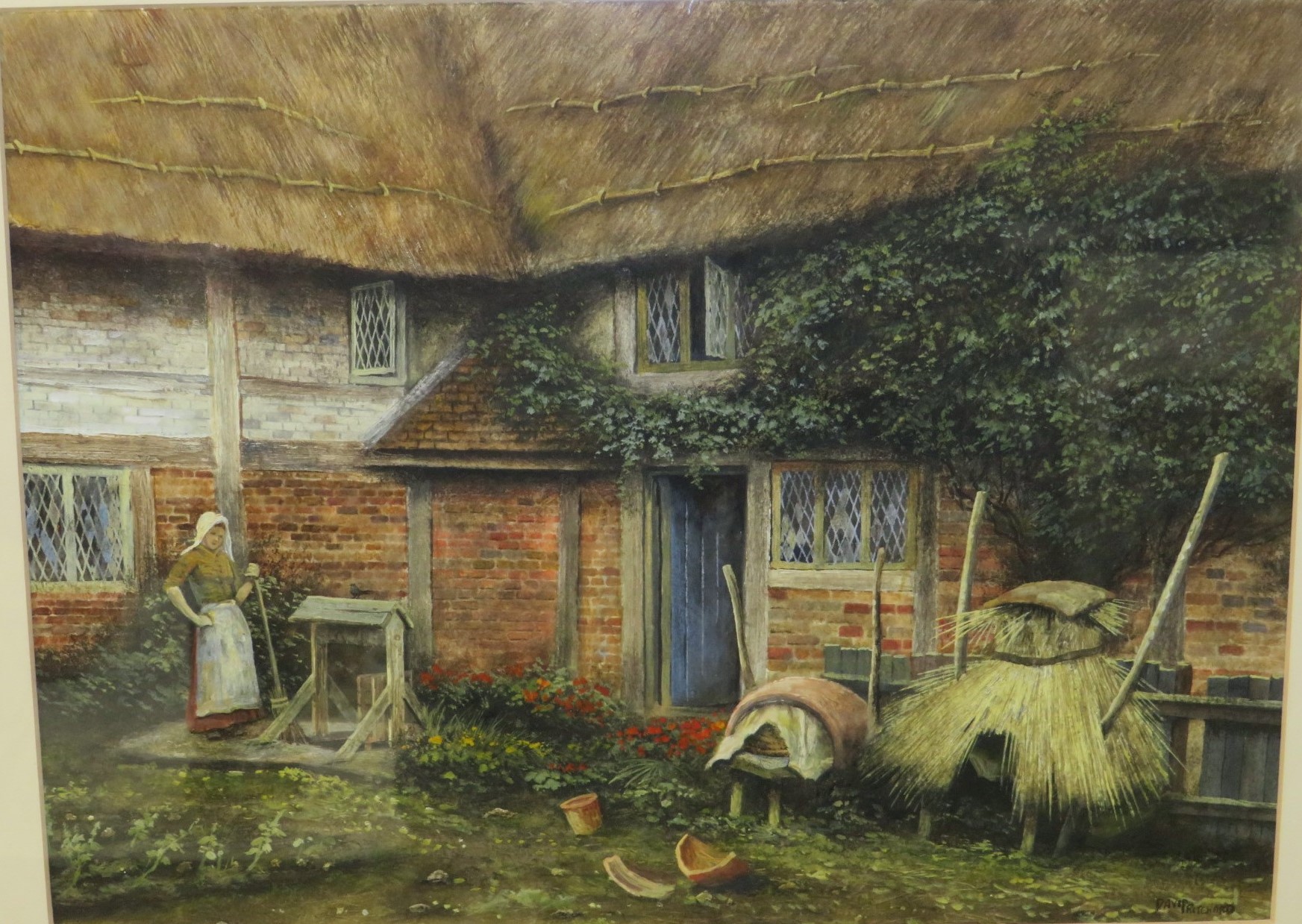 Two David Pritchard gouache and watercolours - cottage doorway with dove and dog (37cm x 27cm), - Image 4 of 5