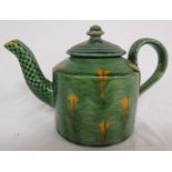 Kevin de Choisy (b 1954) studio pottery canister teapot in a green and ochre glaze with lattice