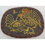 Muriel Wright brown slip ware hen and cockerel oblong serving plate, marked MW, 36cm x 30cm