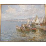 E Bianchini (20th century) - Mediterranean quayside with boats and figures, oil on board, signed