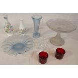 Molineaux Webb Co tazza, pale blue Art Deco glass vase and dish, small glass posy, and two small red