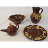 Four items of David Cleverly brown glaze ware - mouse teapot, mouse plate, vine jug (height 24cm)