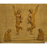 Framed wall plaque with hessian fibre ground applied with four carved wooden figures in Chinese