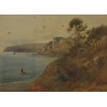 Arthur W Perry watercolour Devon coastal scene with sail boats, signed lower right, 25cm x 35.5cm,