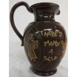 Royal Doulton England brown jug decorated with revelling monks and motto 'There's many a slip, twixt