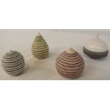 Four small items of studio pottery - three striped ovoid forms (the tallest 7.5cm), and a grey/cream