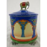 Dennis China Works 'Indian Elephant' lidded jar raised on four elephant's feet, design No 19,