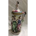 Capo di Monte porcelain tankard, figural moulding with classical females in Arcadian setting, height