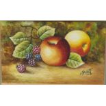 Watercolour on paper apples and blackberries signed lower right James Skerrett, 6.5cm x 10.5cm, F&G,