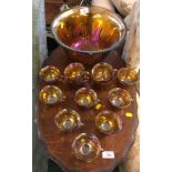 DECORATIVE IRIDESCENT GLASS PUNCH BOWL WITH TWELVE MATCHING CUPS