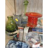 ETCHED GLASS PAPERWEIGHT AND FOUR COLOURED GLASS VASES