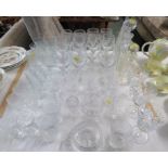 SELECTION OF GLASSWARE INCLUDING STOPPERED DECANTERS, STEMMED DRINKING GLASSES AND CUT GLASS BOWL